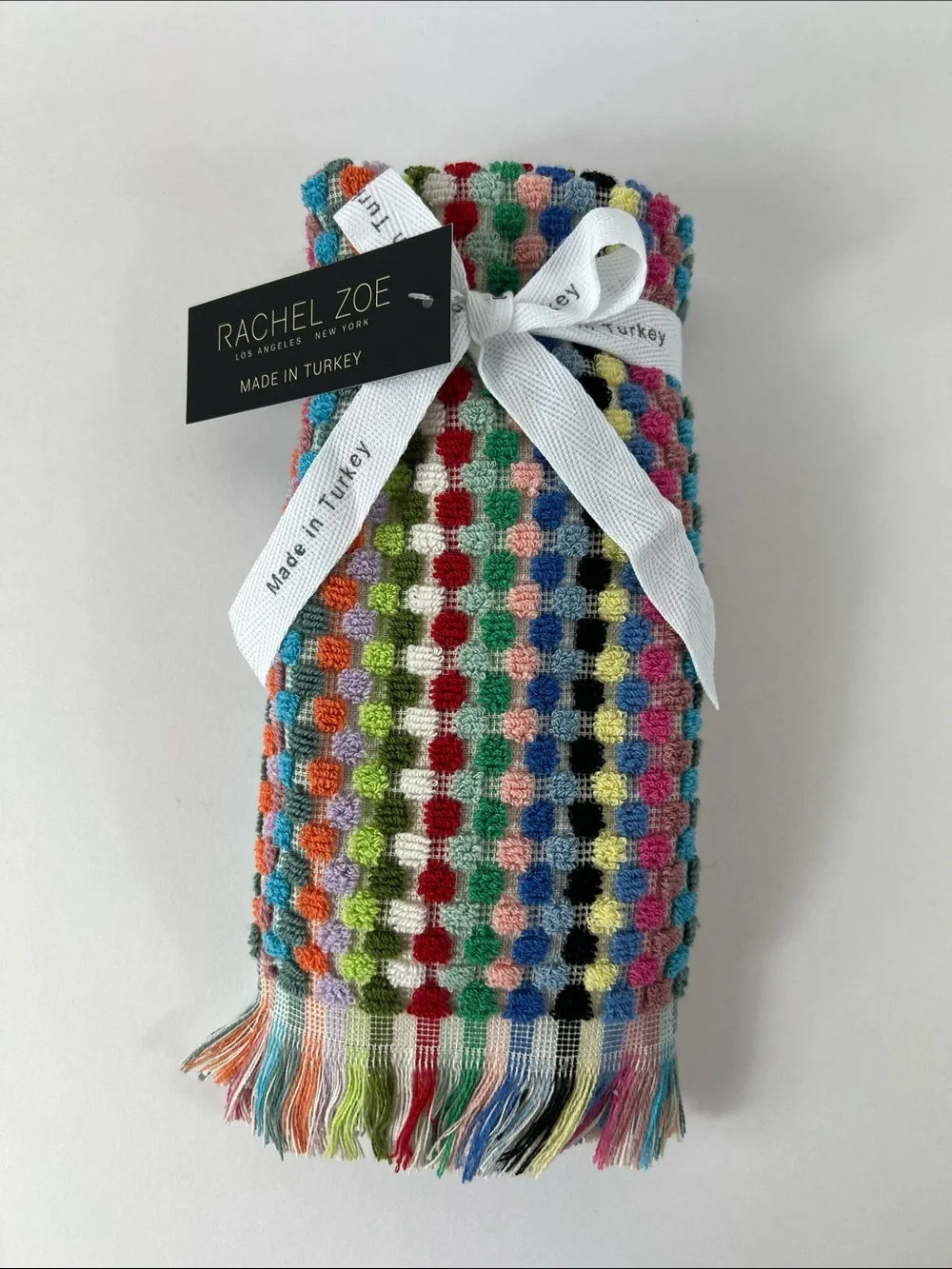 Rachel Zoe Hand Tip Towels Multicolor Stripe Dots Fringe Colorful 2 Pcs NEW